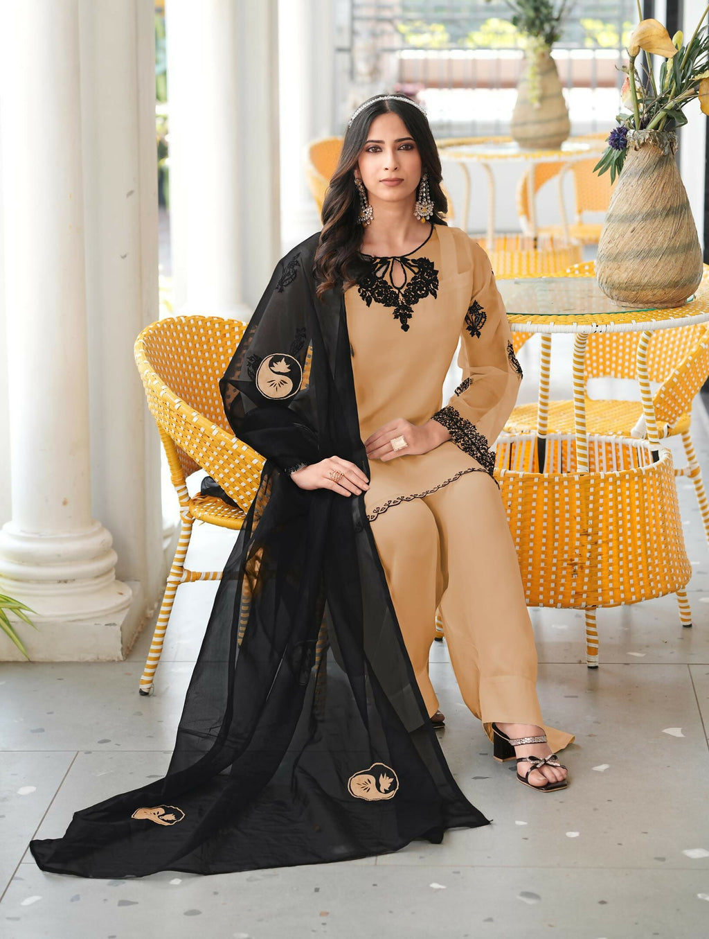 Nikhaar Light Brown Embroidered Organza Stitched Straight Cut Kurta Farshi Salwar Dupatta Readymade Suit | Grocsy