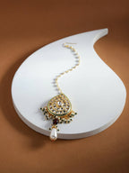 Gold-Polished White Green Kundan-Studded Pearl Beaded Maang Tikka - Ruby Raang | Grocsy
