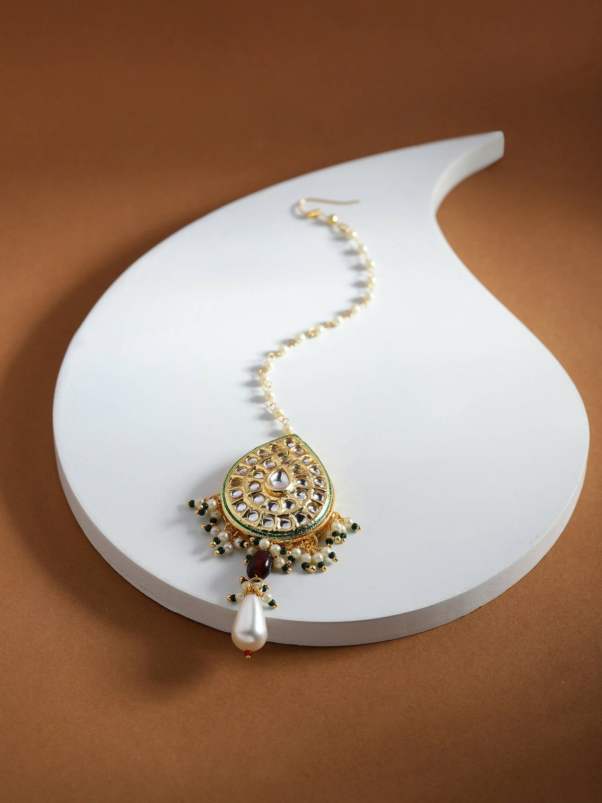 Gold-Polished White Green Kundan-Studded Pearl Beaded Maang Tikka - Ruby Raang | Grocsy