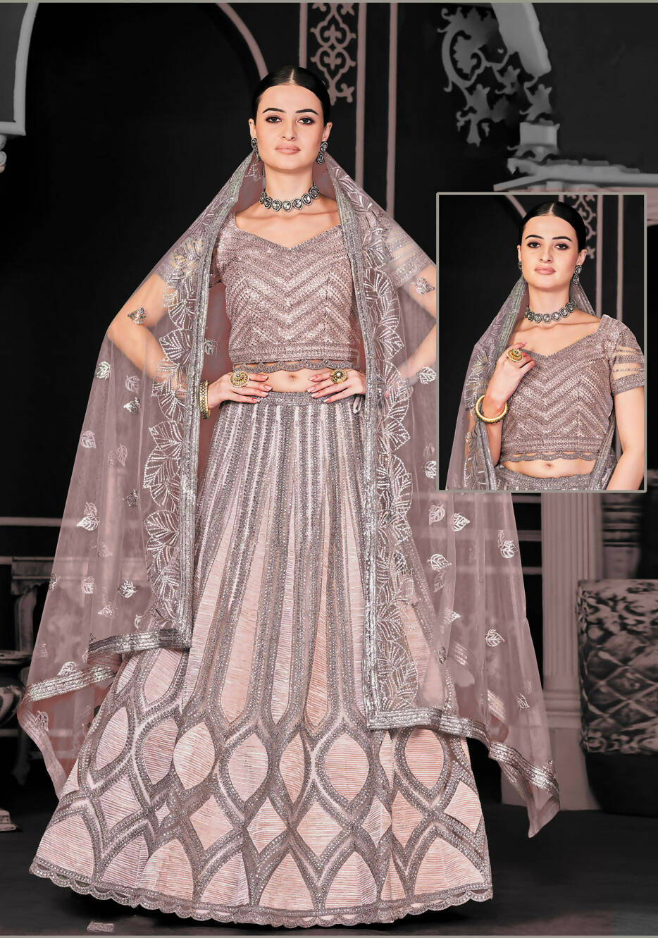 Light Brown Net Semi-Stitched Bridal Lehenga - Nimayaa Bonanza | Grocsy