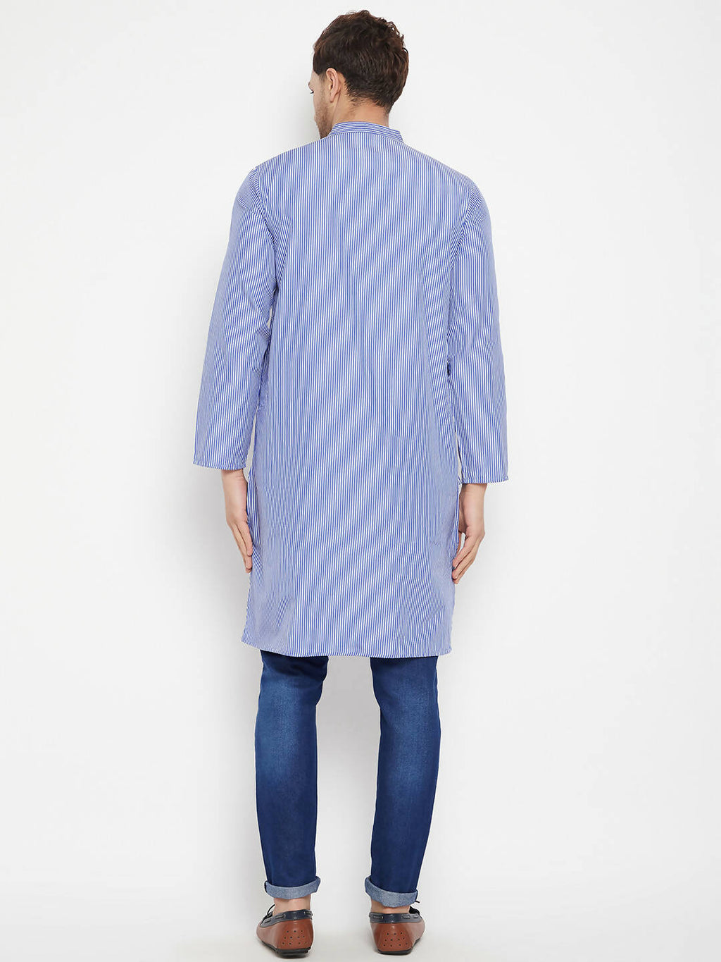 Even Apparels Blue Color Pure Cotton Long Men's Kurta With Band Collar | Grocsy