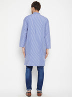 Even Apparels Blue Color Pure Cotton Long Men's Kurta With Band Collar | Grocsy