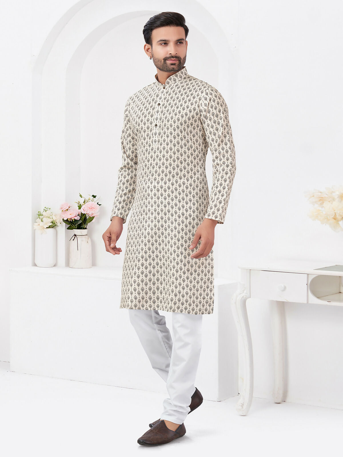 Joban Fashion Men's Rayon Cotton Cream Printed Kurta Pyjama set | Grocsy