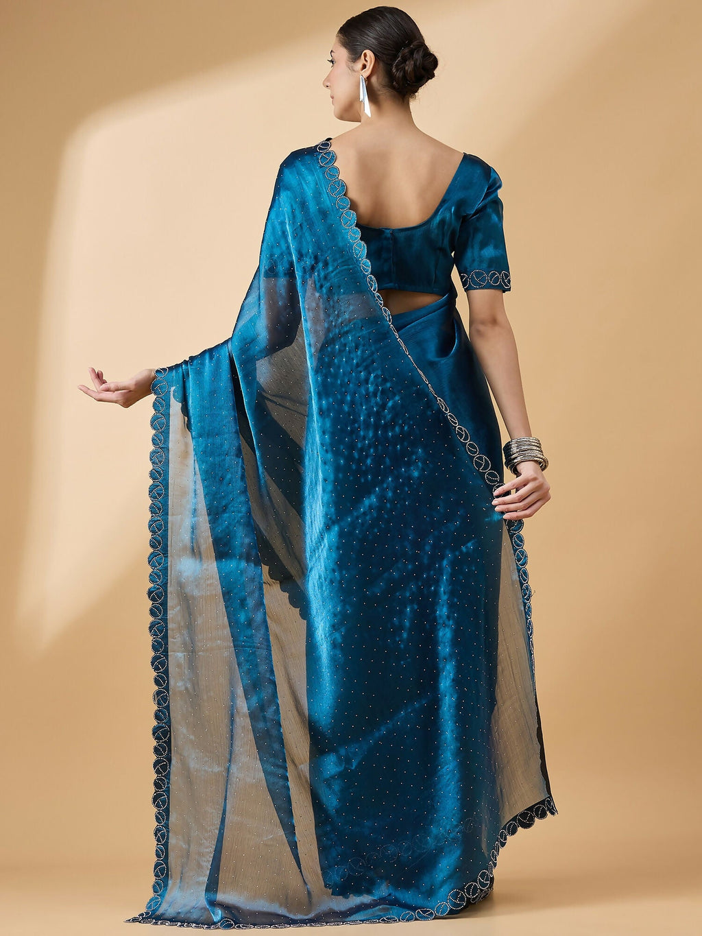 Teal Organza Swaroski Diamond Work Saree with Unstitched Blouse - Radha | Grocsy
