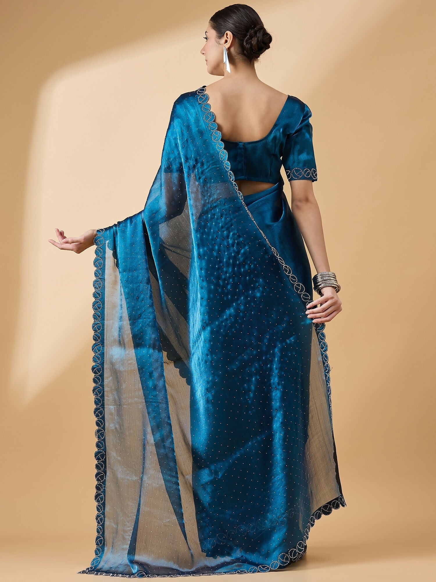 Teal Organza Swaroski Diamond Work Saree with Unstitched Blouse - Radha | Grocsy