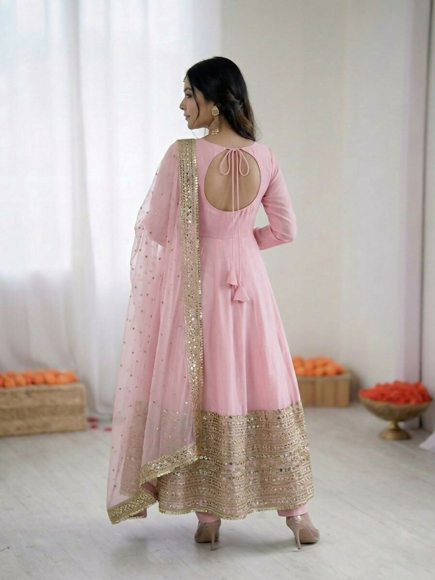 Teeya Creation Womens New Pastel Pink Solid Anarkali Kurta With Heavy Embroidered Border Gown Set | Grocsy