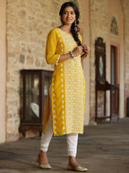 Juniper Women's Yellow Georgette Printed Kurta | Grocsy