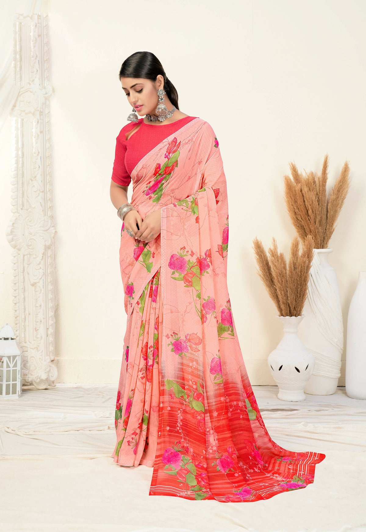 Peach Georgette Floral Printed Saree With Unstitched Blouse Piece - Jyoti | Grocsy