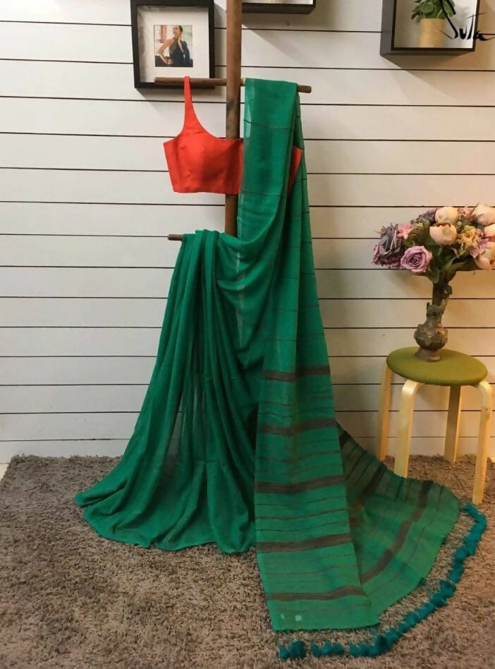 Exclusive Collection Khadi Cotton Handloom Khesh Saree With Blouse Piece - Green | Grocsy