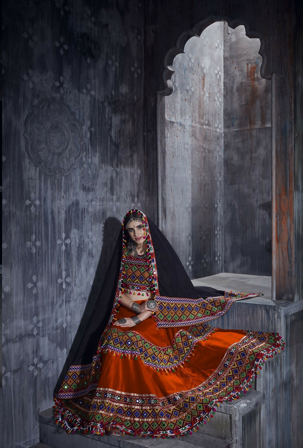 AI Fashion Orange Art Silk Designer Navratri Lehenga Choli Collection | Grocsy
