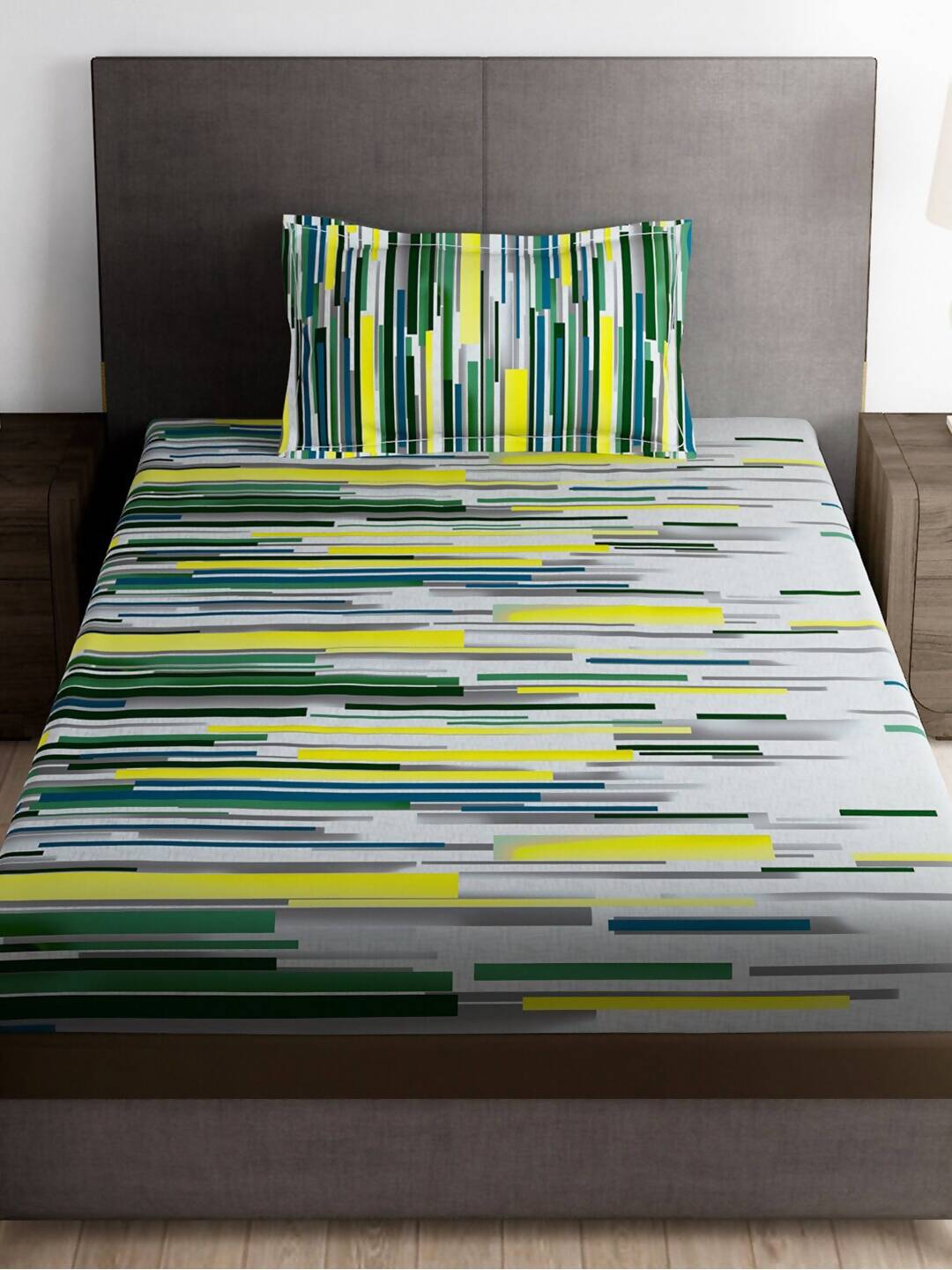 Story@home Arena White & Grey Printed 180 TC Bedsheet & Pillow Covers | Grocsy