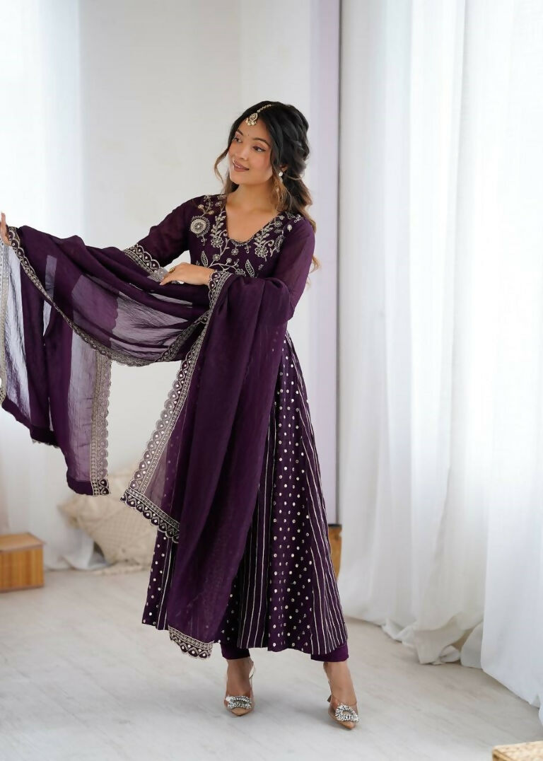Teeya Creation Violet Color Heavy Crunchy Silk Embroidery Work Gown | Grocsy