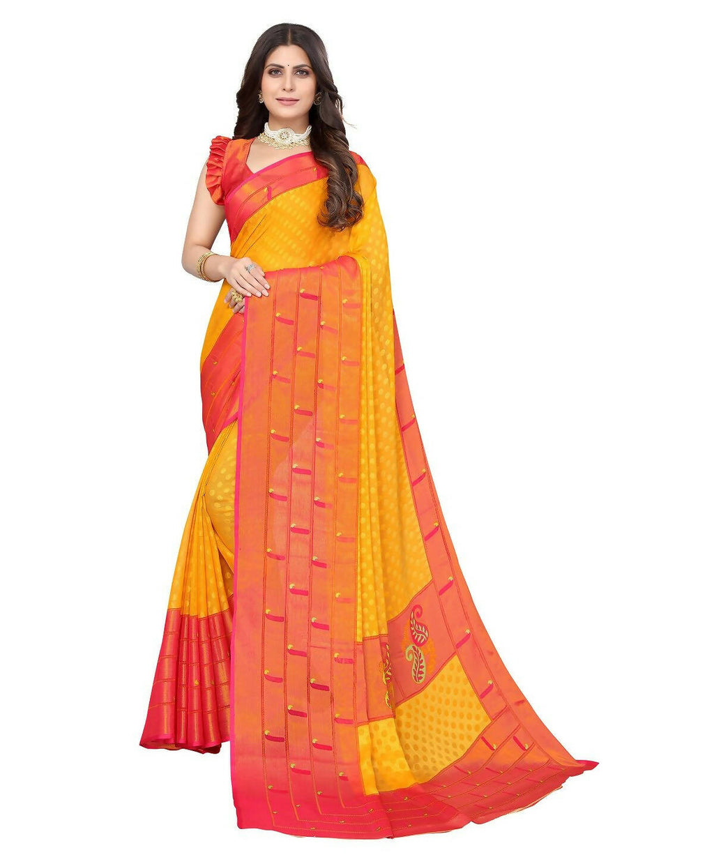 Vamika Yellow Chiffon Brasso Bollywood Style Woven Saree (DIMPLE YELLOW) | Grocsy