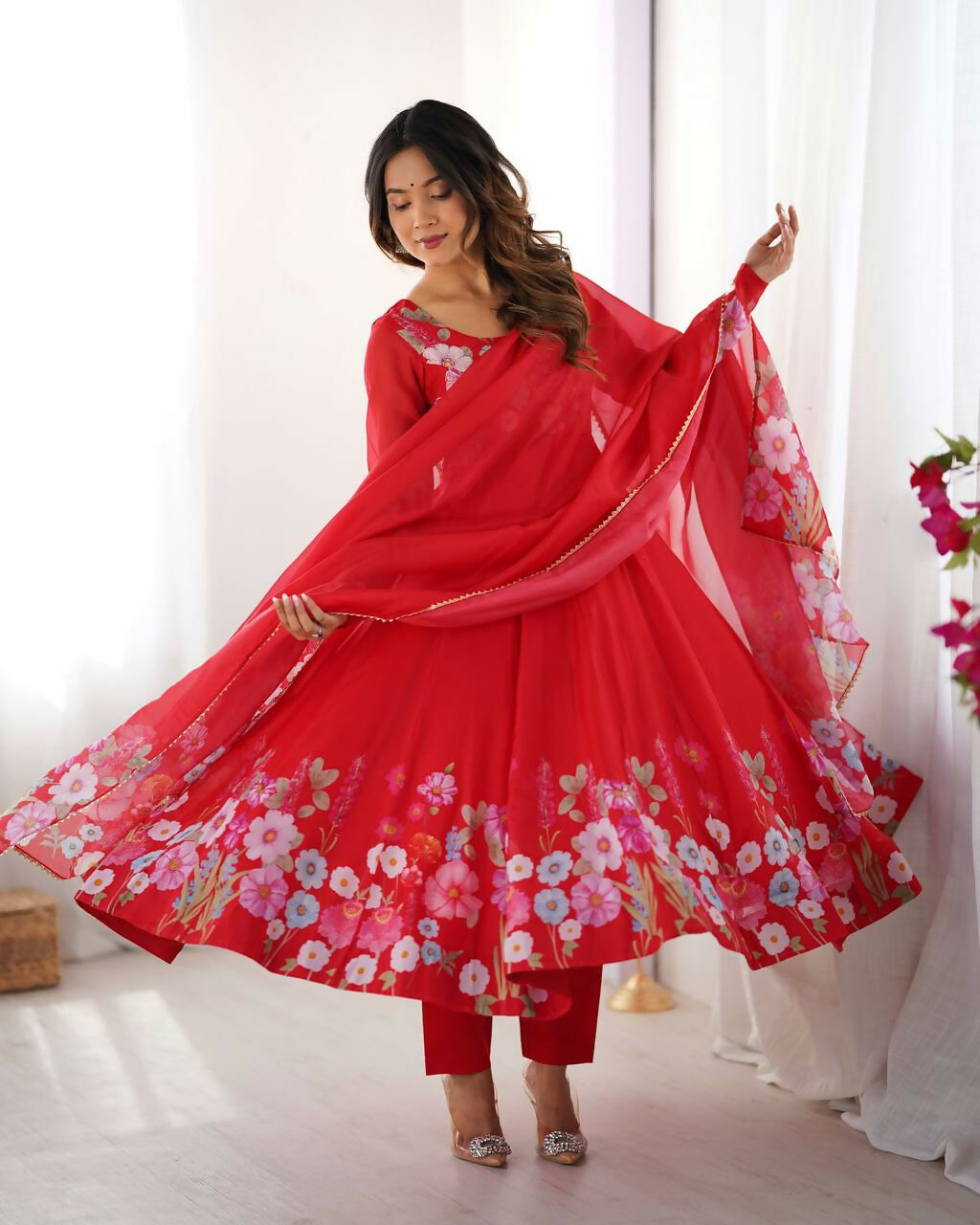 The52 Women's Gorgeous Floral Printed Organza Silk Fabric Flared Anarkali Pant and Dupatta Set | Grocsy