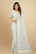 Vamsee White Georgette Designer Saree | Grocsy