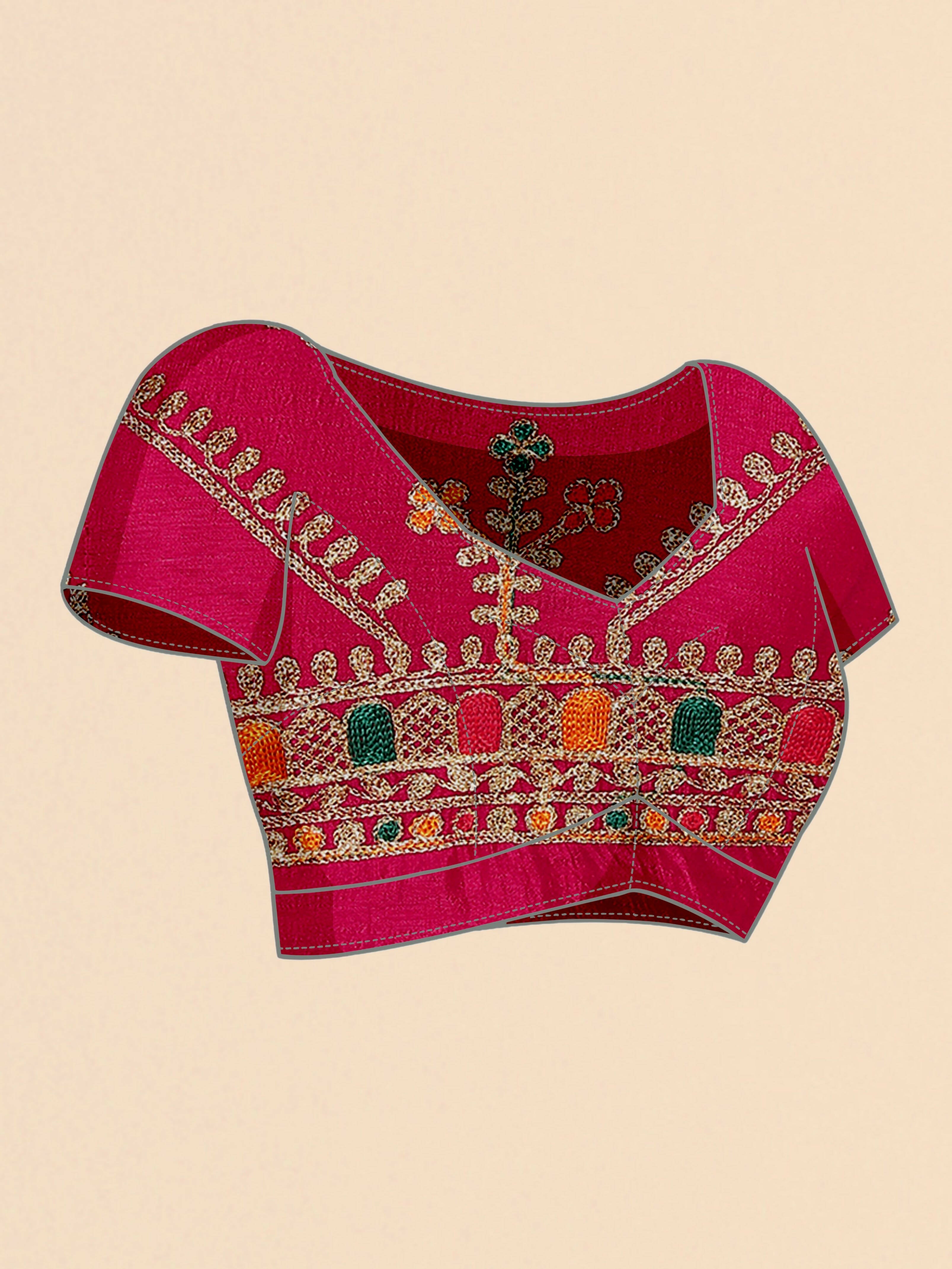 Pink Chinon Embroidered Saree with Unstitched Blouse Piece - Roozal | Grocsy