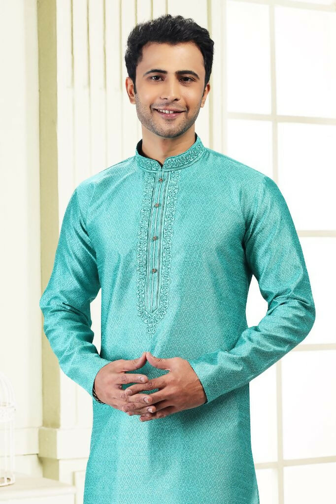 Raivat Ethnic Jacquard Banarasi Silk Thread Work Kurta Pajama In Teal Green Colour | Grocsy