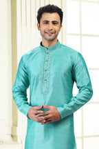 Raivat Ethnic Jacquard Banarasi Silk Thread Work Kurta Pajama In Teal Green Colour | Grocsy
