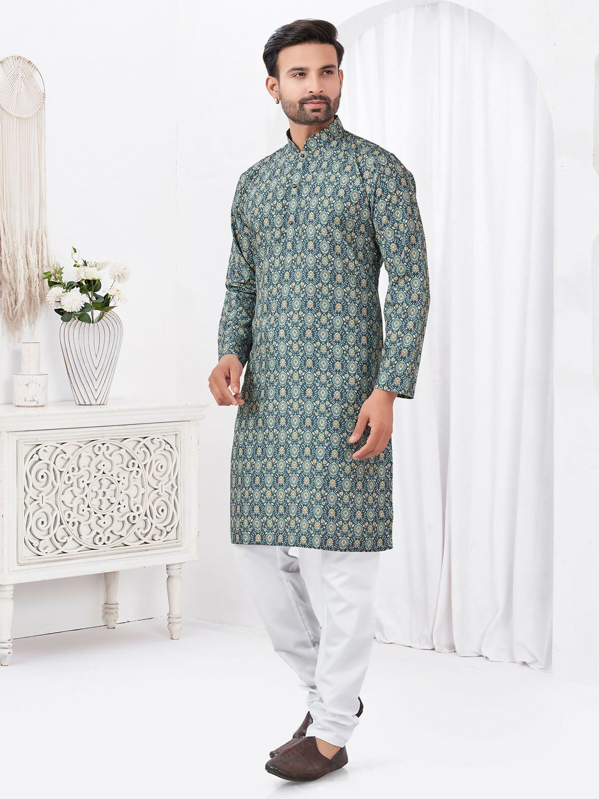 Joban Fashion Men's Rayon Cotton BLUE Printed Kurta Pyjama set | Grocsy