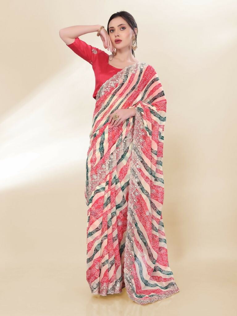 Off White Georgette Bandhani Printed,Embroidery Work Saree - Bandhan | Grocsy