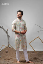 White Muslin Designer Printed Kurta Set - Mahotsav | Grocsy