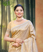 Sangam Prints Beige Kanjivaram Silk Woven Work Traditional Saree | Grocsy