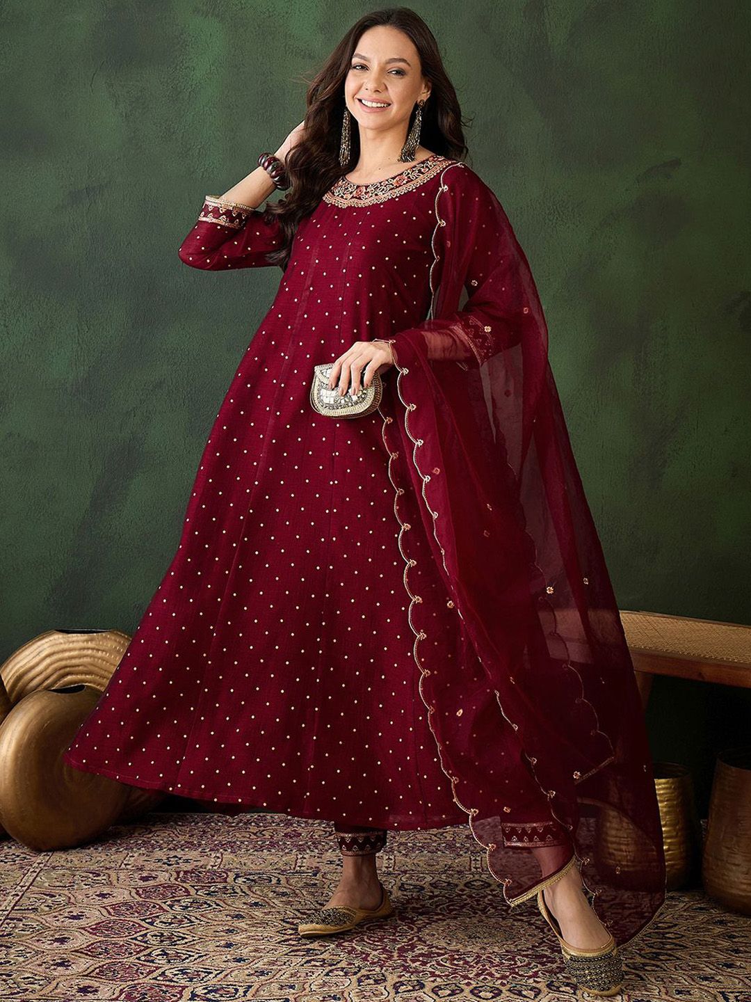 Sangria Geometric Printed Zari & Sequinned A-Line Kurta & Palazzo With Dupatta | Grocsy
