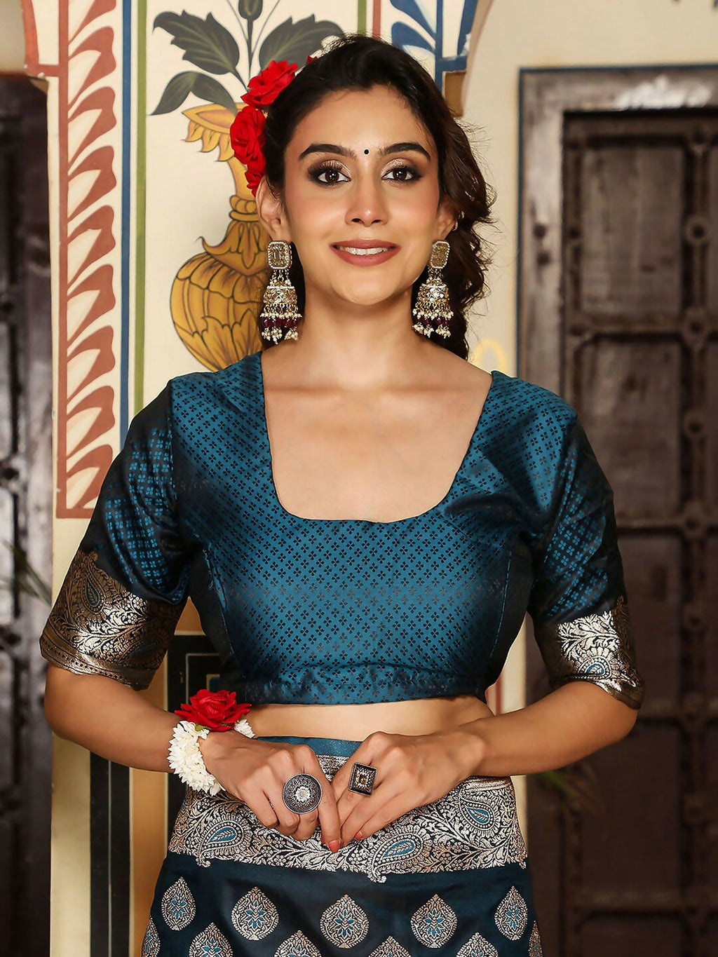 Shree Shyam Fashion Teal Silk Saree | Grocsy