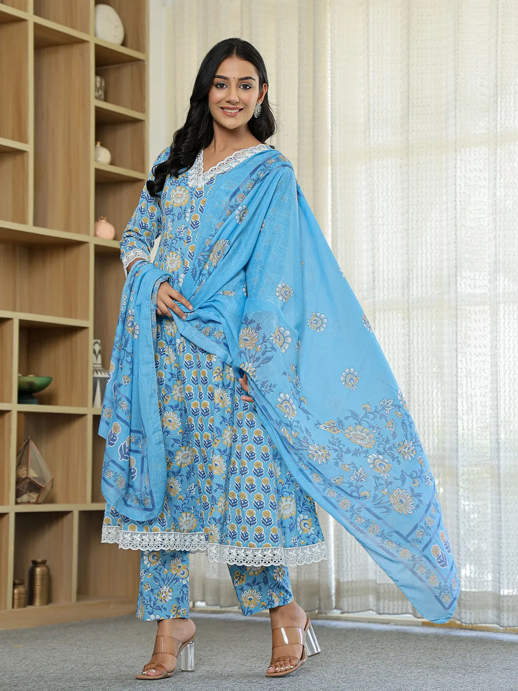 Yufta Pure Cotton Blue Anarkali Kurta Dupatta Set With Lacework | Grocsy