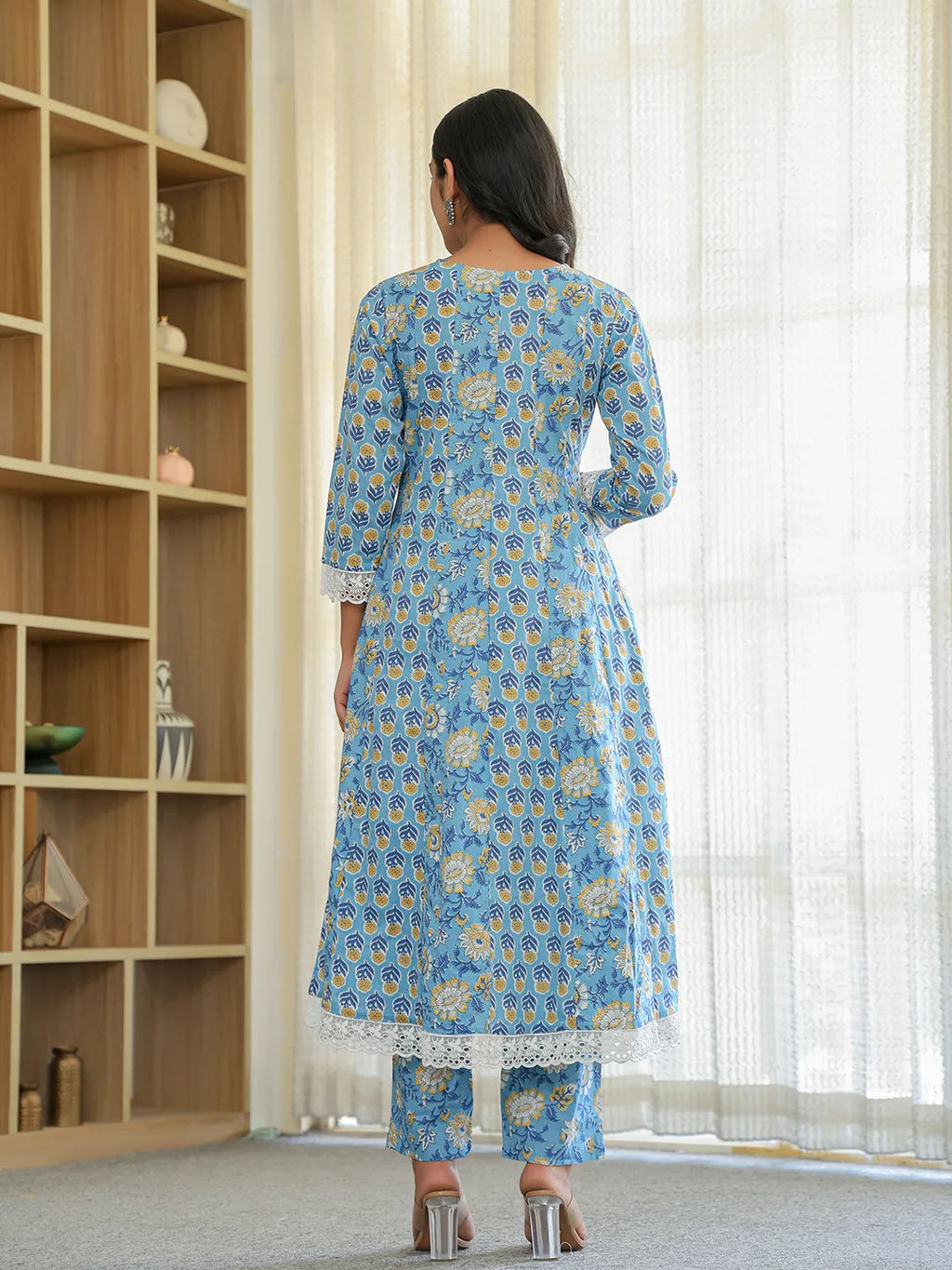 Yufta Pure Cotton Blue Anarkali Kurta Dupatta Set With Lacework | Grocsy