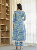 Yufta Pure Cotton Blue Anarkali Kurta Dupatta Set With Lacework | Grocsy
