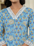 Yufta Pure Cotton Blue Anarkali Kurta Dupatta Set With Lacework | Grocsy