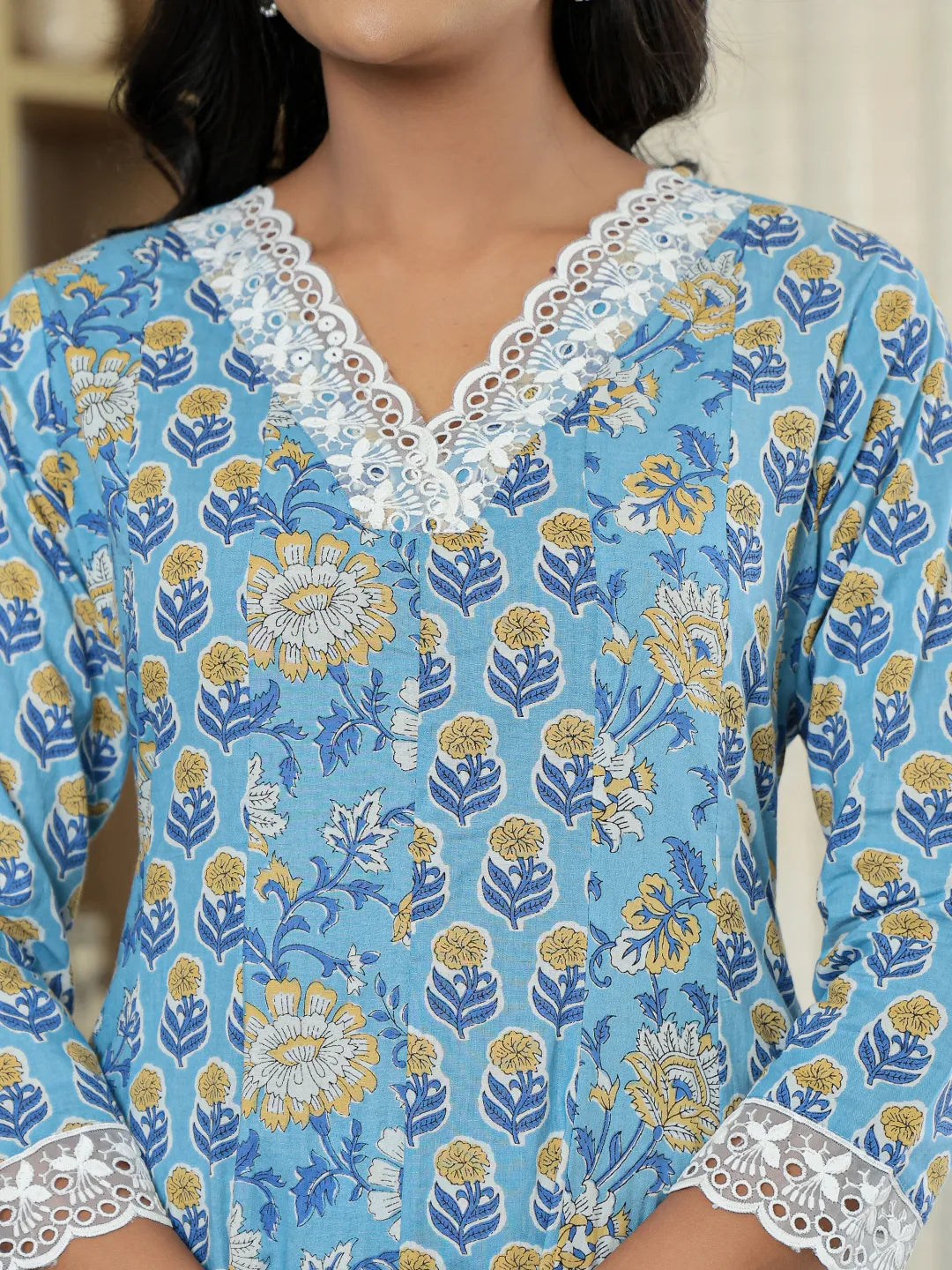 Yufta Pure Cotton Blue Anarkali Kurta Dupatta Set With Lacework | Grocsy