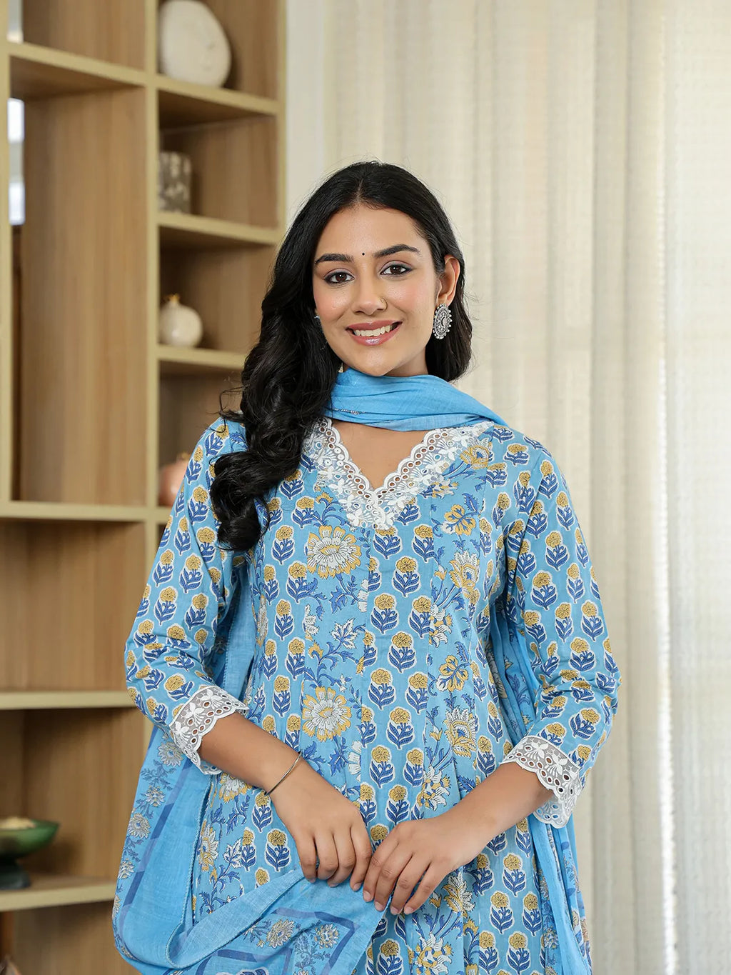 Yufta Pure Cotton Blue Anarkali Kurta Dupatta Set With Lacework | Grocsy