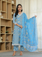 Yufta Pure Cotton Blue Anarkali Kurta Dupatta Set With Lacework | Grocsy