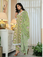 Yufta Pure Cotton Green Anarkali Kurta Dupatta Set With Lacework | Grocsy