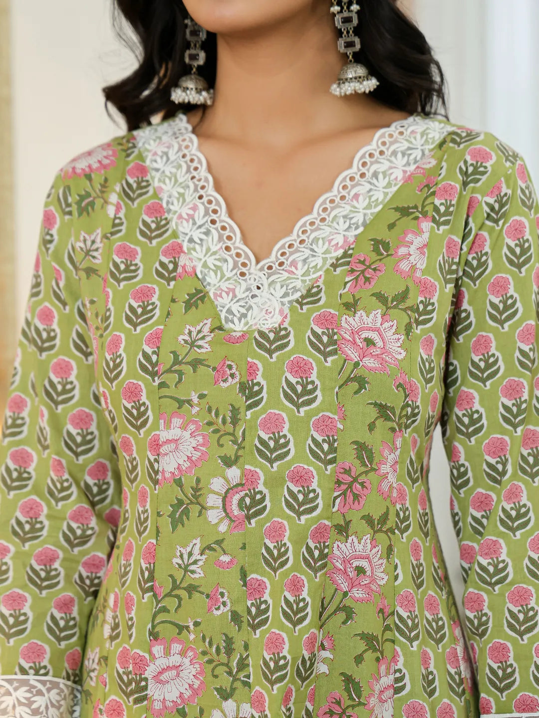 Yufta Pure Cotton Green Anarkali Kurta Dupatta Set With Lacework | Grocsy