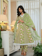 Yufta Pure Cotton Green Anarkali Kurta Dupatta Set With Lacework | Grocsy