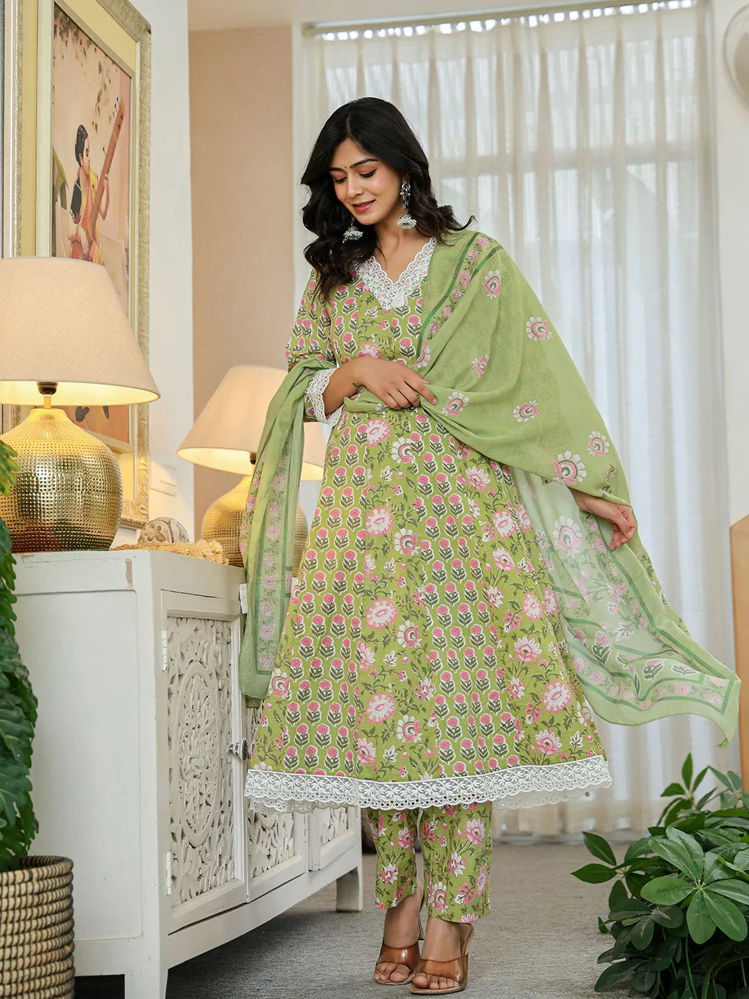 Yufta Pure Cotton Green Anarkali Kurta Dupatta Set With Lacework | Grocsy