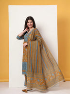 Yufta Pure Cotton Mustard Kurta Dupatta Set With Lace Detailing | Grocsy