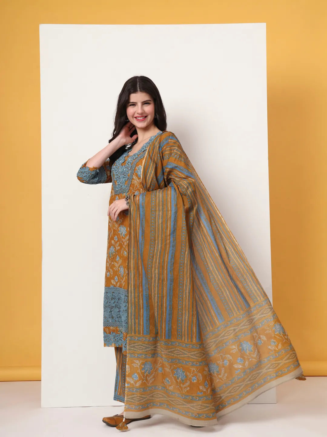 Yufta Pure Cotton Mustard Kurta Dupatta Set With Lace Detailing | Grocsy