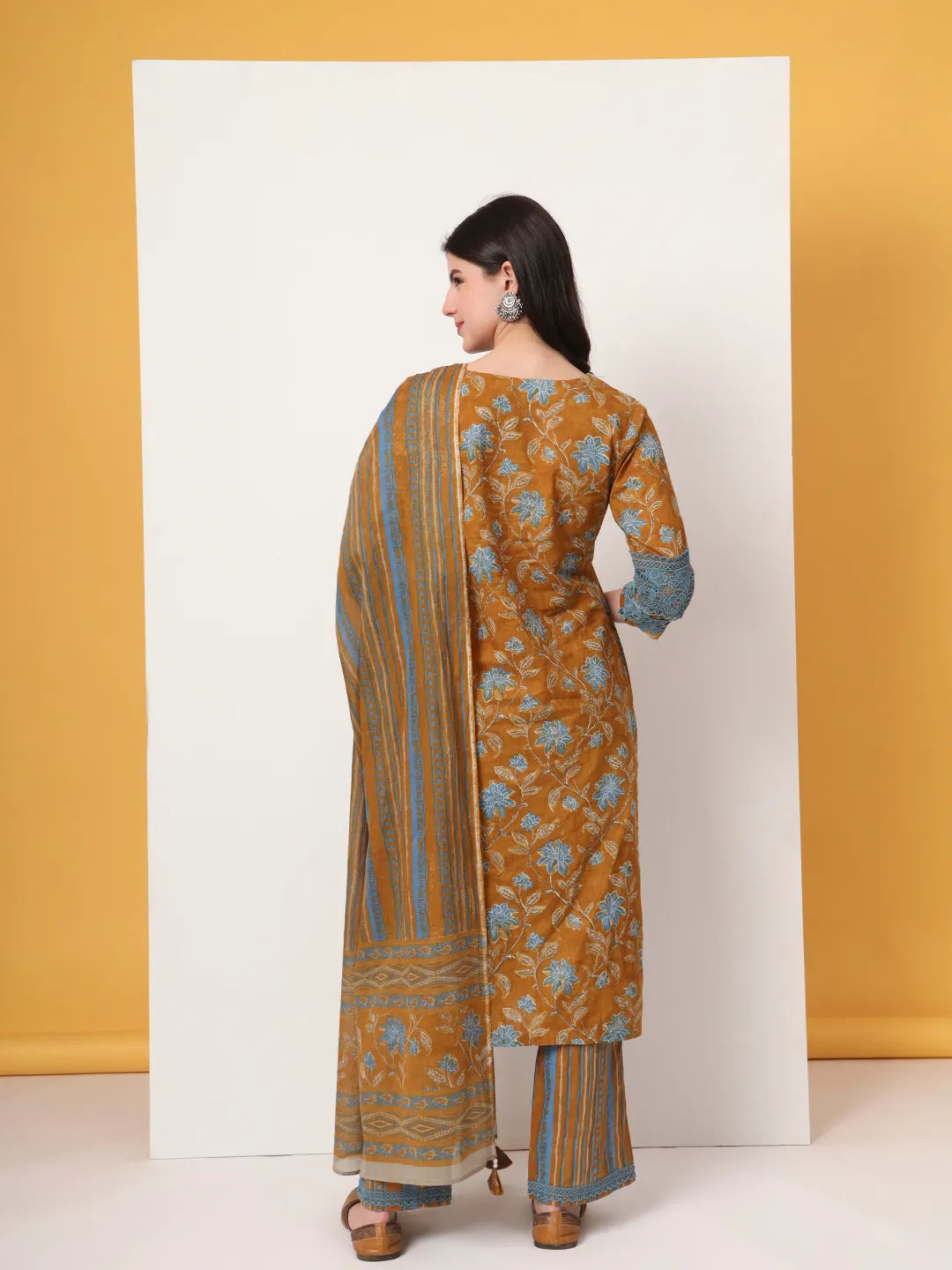 Yufta Pure Cotton Mustard Kurta Dupatta Set With Lace Detailing | Grocsy