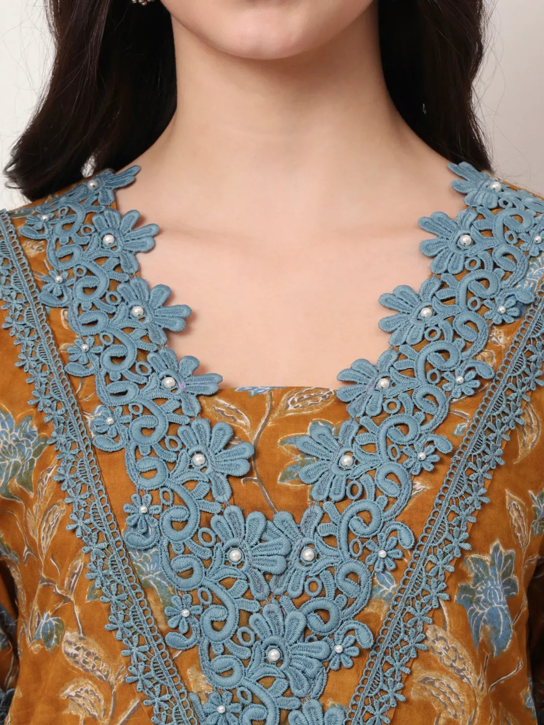 Yufta Pure Cotton Mustard Kurta Dupatta Set With Lace Detailing | Grocsy