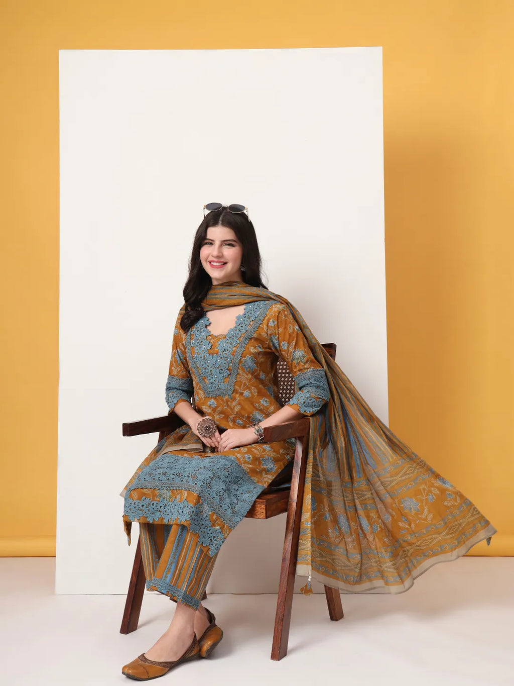 Yufta Pure Cotton Mustard Kurta Dupatta Set With Lace Detailing | Grocsy