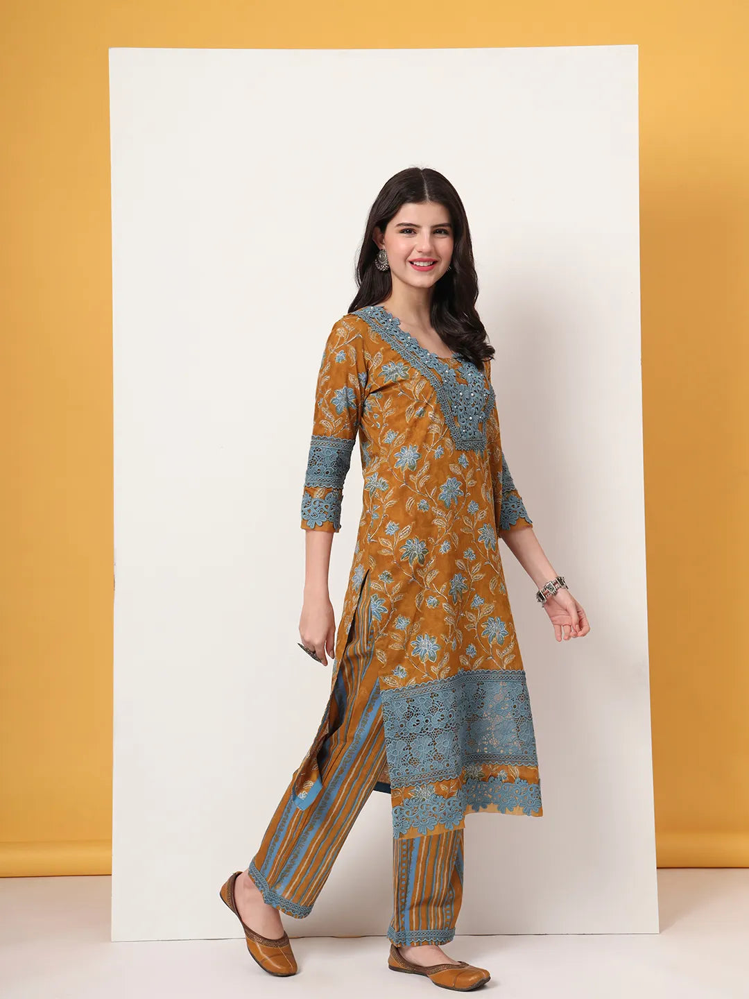 Yufta Pure Cotton Mustard Kurta Dupatta Set With Lace Detailing | Grocsy