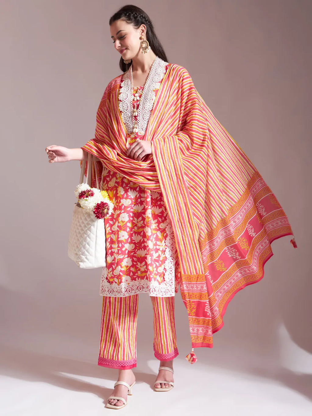 Yufta Pure Cotton Pink Kurta Dupatta Set With Lace Detailing | Grocsy