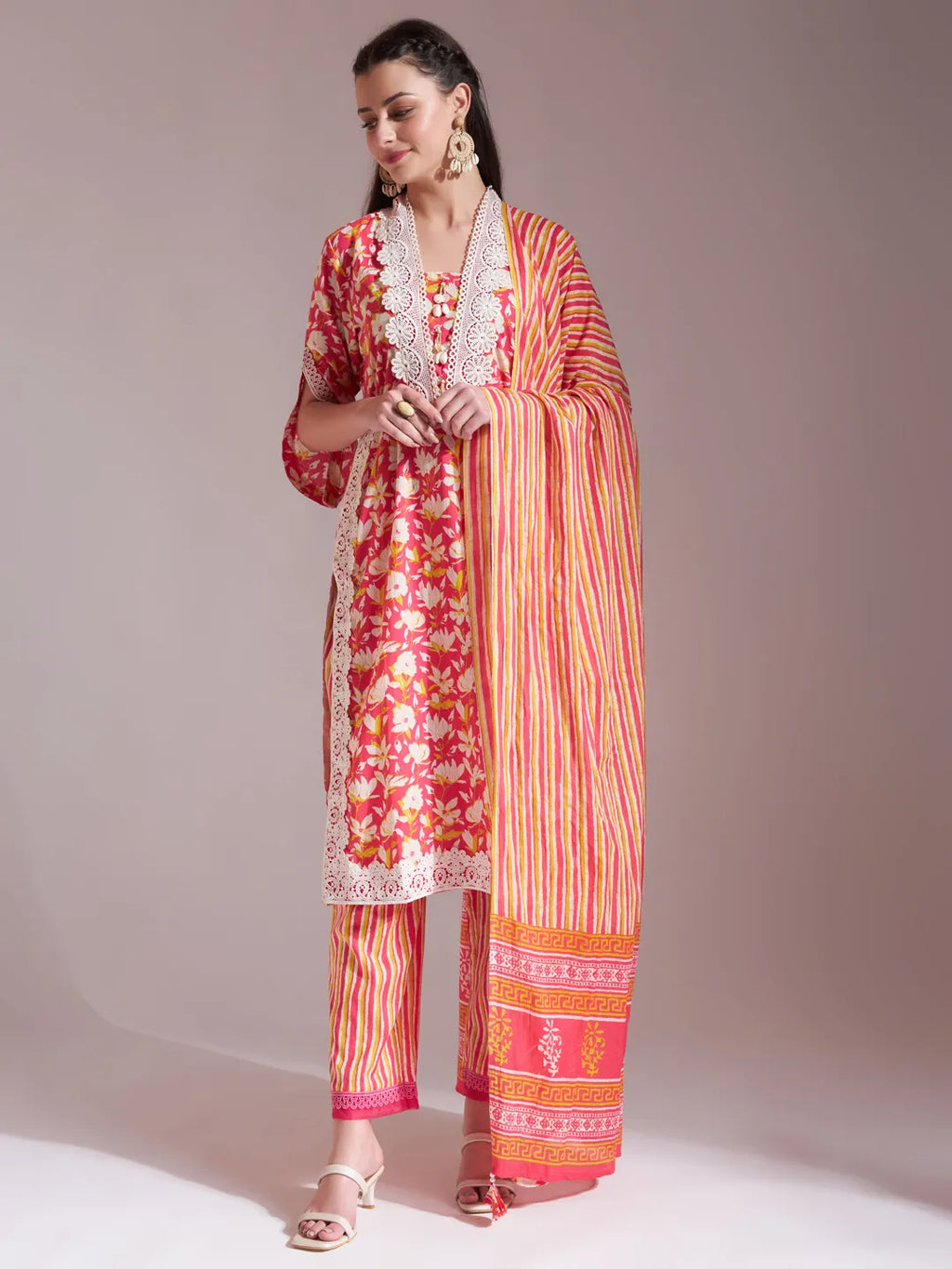 Yufta Pure Cotton Pink Kurta Dupatta Set With Lace Detailing | Grocsy