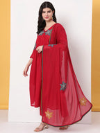 Yufta Pure Cotton Red Anarkali Kurta Dupatta Pant Set | Grocsy