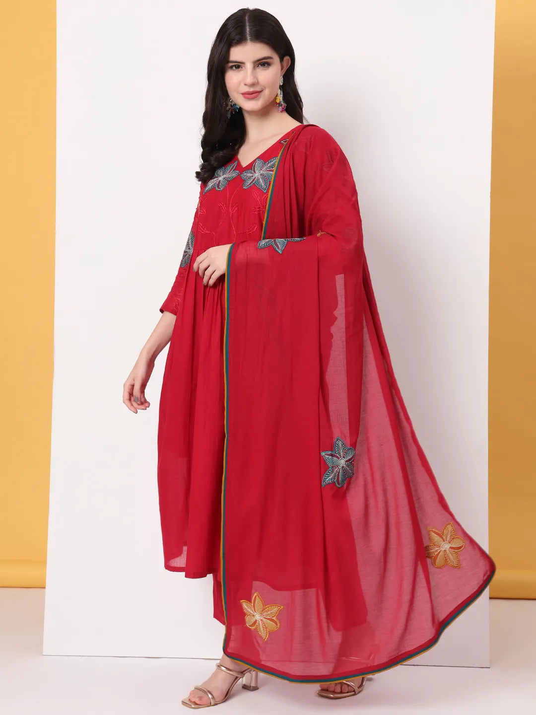 Yufta Pure Cotton Red Anarkali Kurta Dupatta Pant Set | Grocsy
