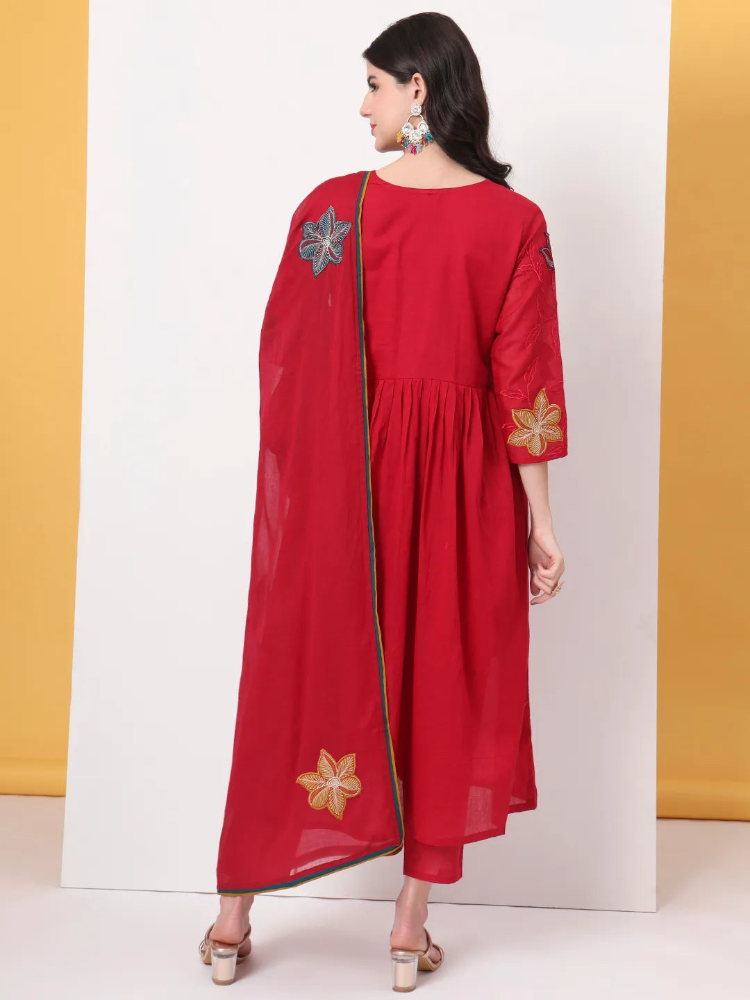 Yufta Pure Cotton Red Anarkali Kurta Dupatta Pant Set | Grocsy